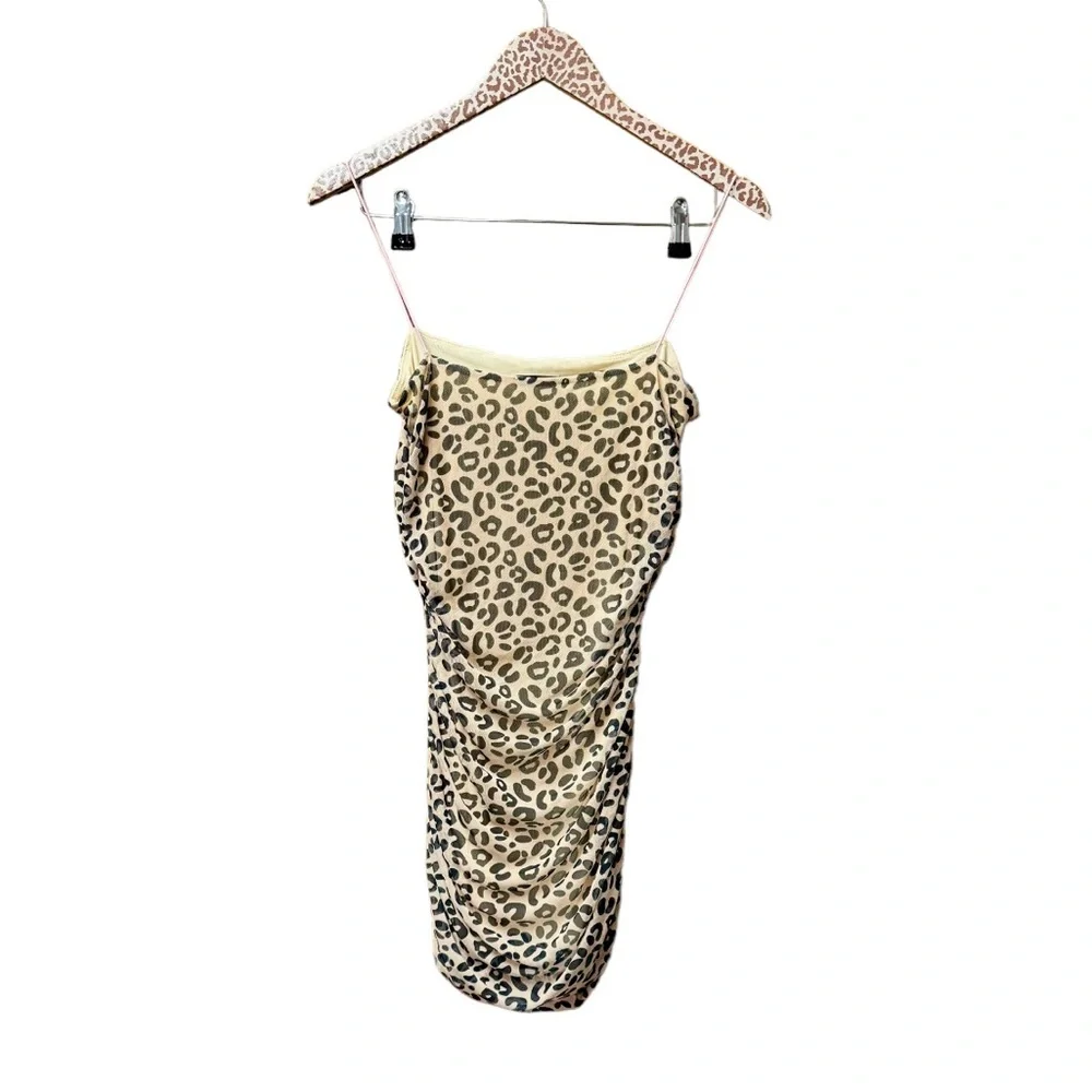 Sandy Liang Lily Leopard Print Sleeveless Ruched Mini Dress Bodycon 6 - Picture 4 of 15